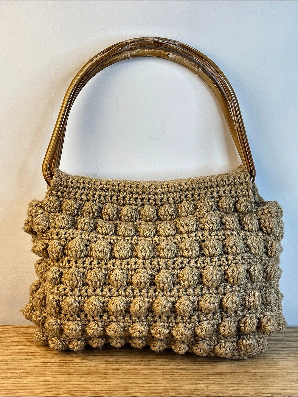 Vintage Crochet Popcorn/Bobble Stitch Shoulder Bag Tan / Brown